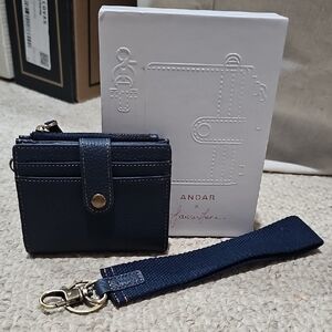 Andar Navy Leather Card Wallet with Strap
